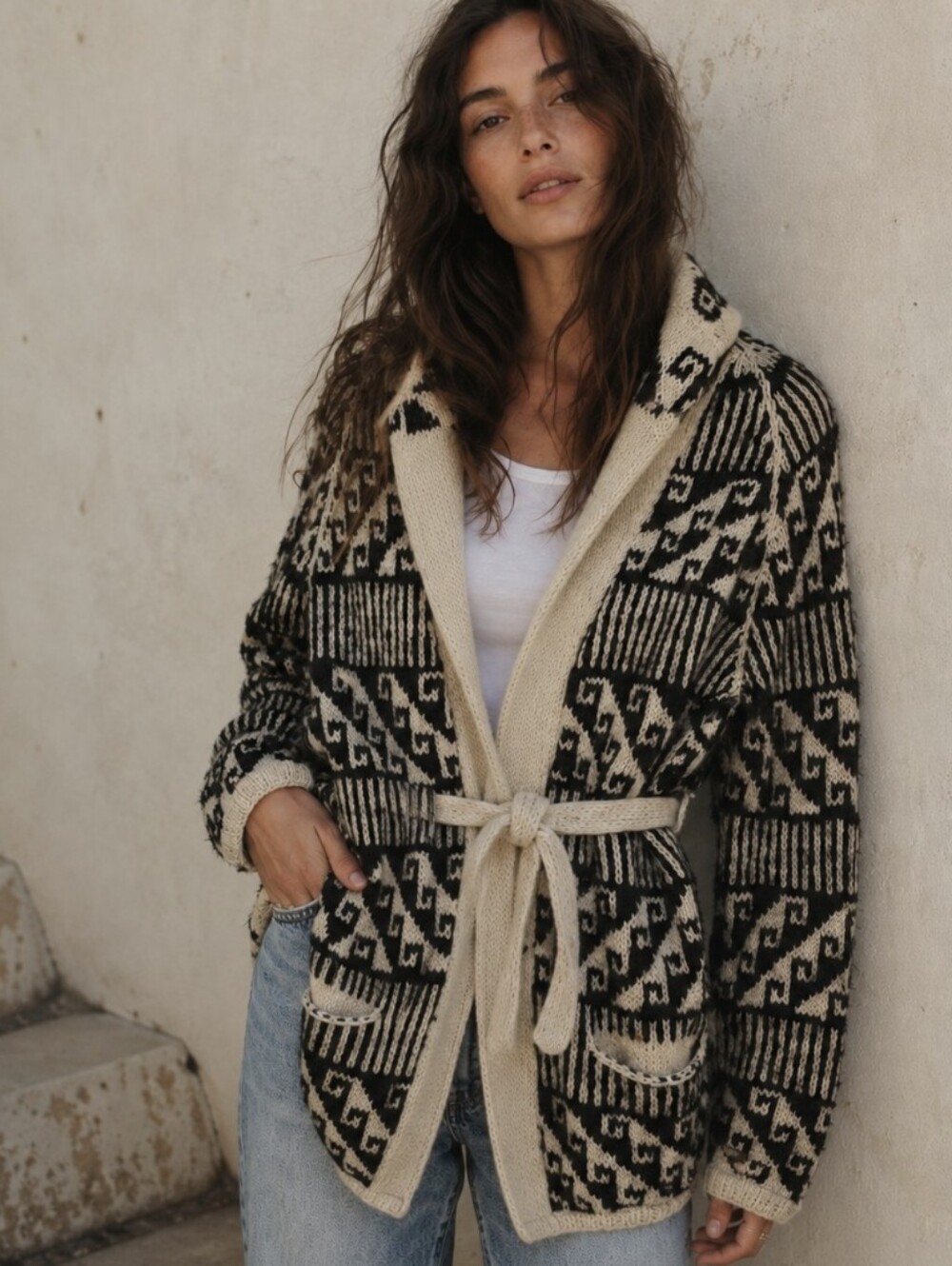 Vintage Polynesian Wool Cardigan Sweater Belted Brown/Cream Tribal Hawaii Sz M
